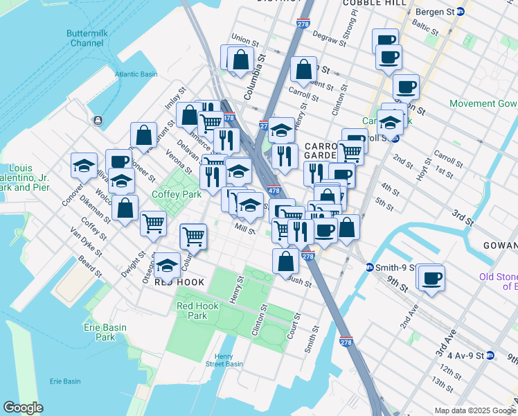 map of restaurants, bars, coffee shops, grocery stores, and more near 56 Huntington Street in Brooklyn
