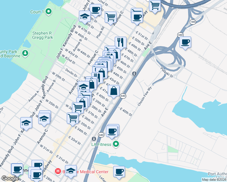 map of restaurants, bars, coffee shops, grocery stores, and more near 48 E 42nd St in Bayonne