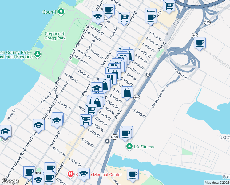 map of restaurants, bars, coffee shops, grocery stores, and more near 23 East 41st Street in Bayonne