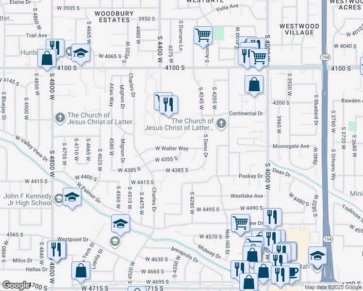 map of restaurants, bars, coffee shops, grocery stores, and more near 4340 West Walter Way in West Valley City