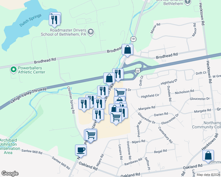map of restaurants, bars, coffee shops, grocery stores, and more near 3743 Nazareth Pike in Bethlehem