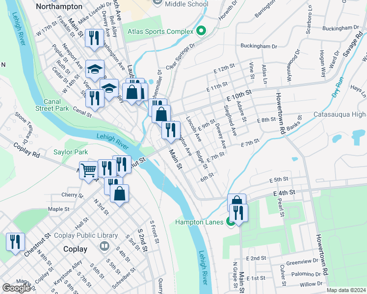map of restaurants, bars, coffee shops, grocery stores, and more near 830 Washington Avenue in Northampton