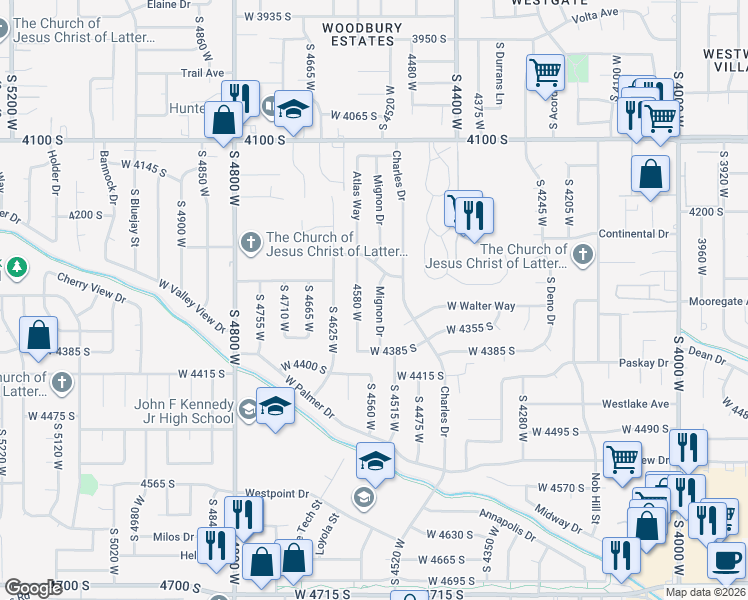 map of restaurants, bars, coffee shops, grocery stores, and more near Mignon Drive in West Valley City