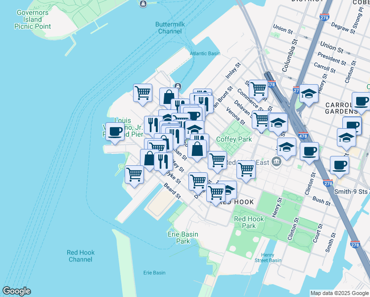 map of restaurants, bars, coffee shops, grocery stores, and more near 353 Van Brunt Street in Brooklyn