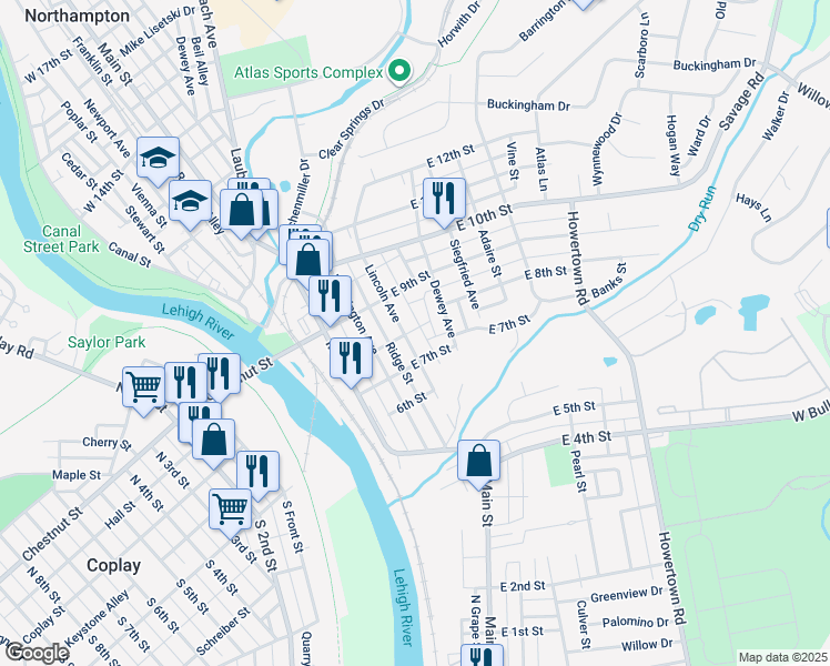 map of restaurants, bars, coffee shops, grocery stores, and more near 733 Lincoln Avenue in Northampton