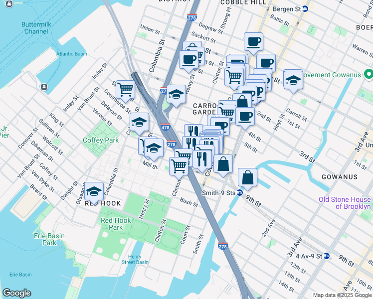 map of restaurants, bars, coffee shops, grocery stores, and more near 558 Clinton Street in Brooklyn