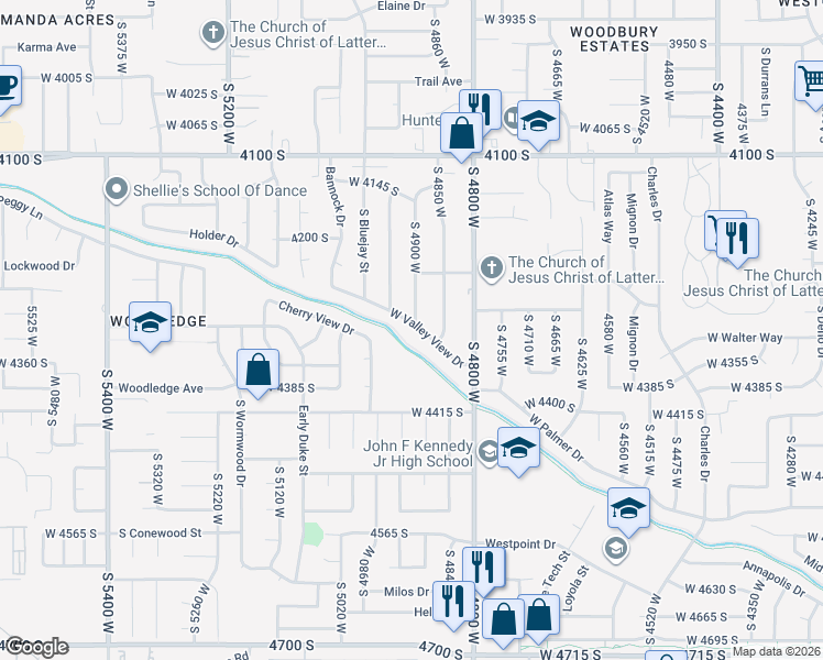 map of restaurants, bars, coffee shops, grocery stores, and more near 4903 West Valley View Drive in West Valley City