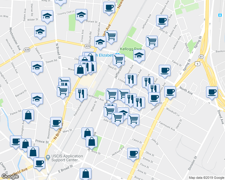 map of restaurants, bars, coffee shops, grocery stores, and more near 641 Jefferson Avenue in Elizabeth