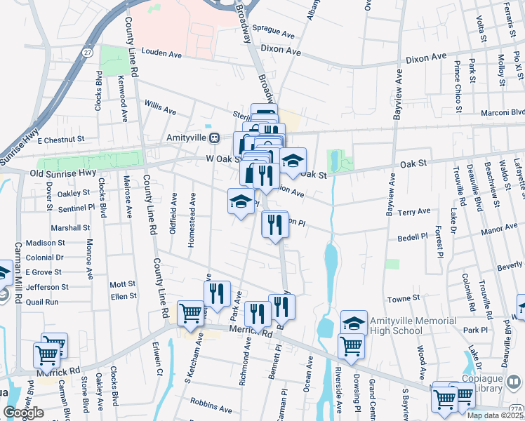 map of restaurants, bars, coffee shops, grocery stores, and more near 150 Park Avenue in Amityville
