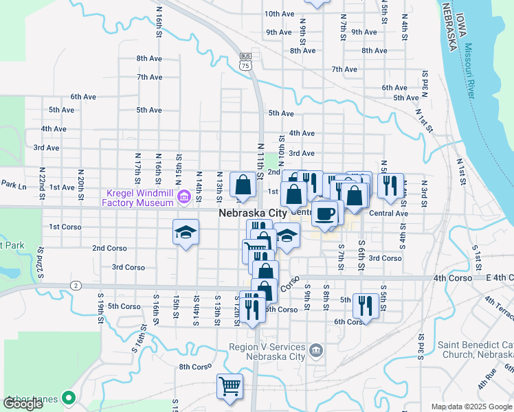 map of restaurants, bars, coffee shops, grocery stores, and more near 1100 Central Avenue in Nebraska City