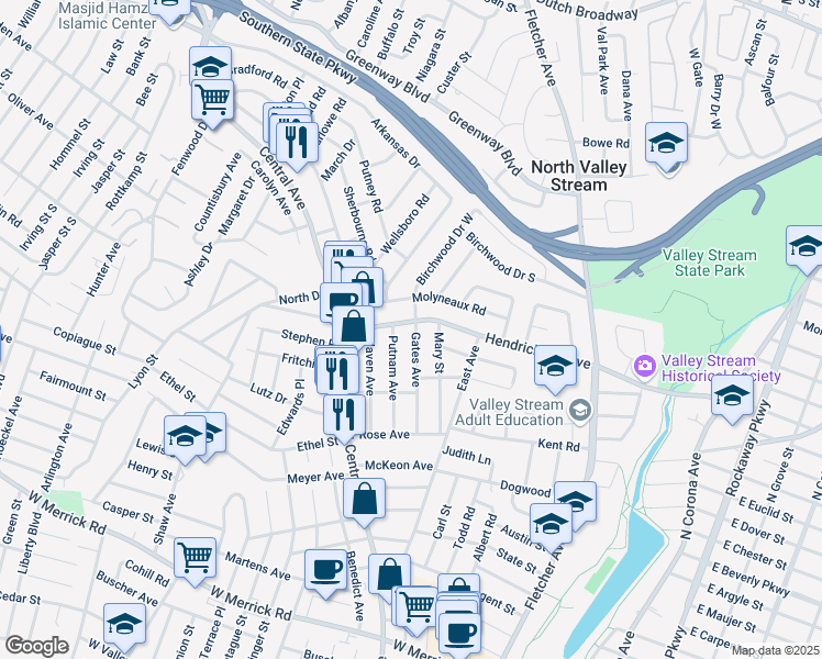 map of restaurants, bars, coffee shops, grocery stores, and more near 98 Gates Avenue in Valley Stream