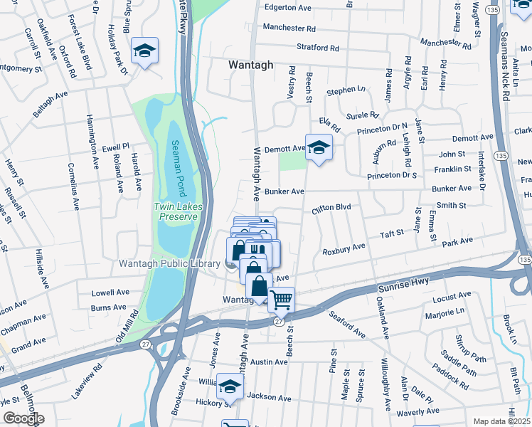 map of restaurants, bars, coffee shops, grocery stores, and more near 3340 Ira Road in Wantagh
