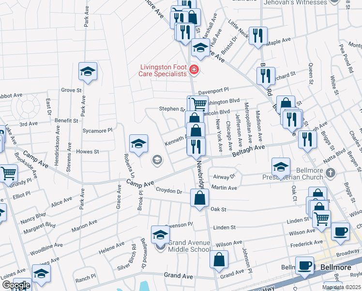 map of restaurants, bars, coffee shops, grocery stores, and more near 2395 Elbert Avenue in North Bellmore