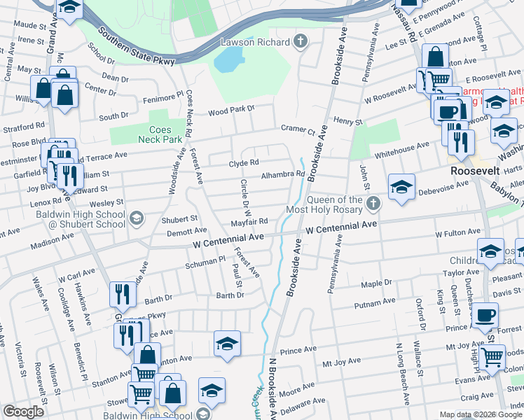 map of restaurants, bars, coffee shops, grocery stores, and more near 1038 Henhawk Road in Baldwin