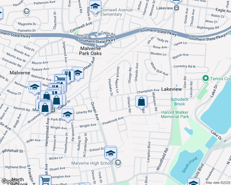 map of restaurants, bars, coffee shops, grocery stores, and more near 7 Derrick Adkins Lane in West Hempstead
