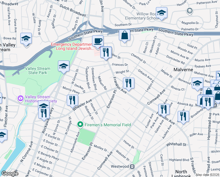 map of restaurants, bars, coffee shops, grocery stores, and more near 281 Wheeler Avenue in Valley Stream