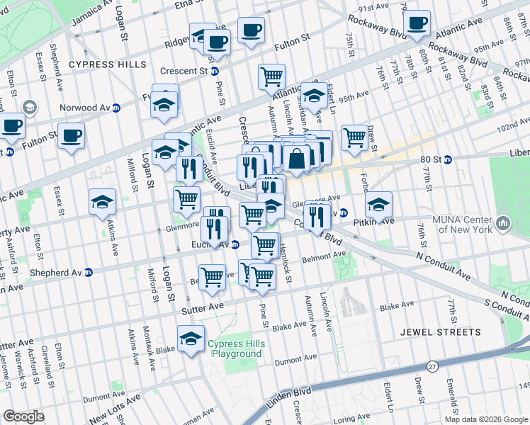 map of restaurants, bars, coffee shops, grocery stores, and more near 454 Crescent Street in Brooklyn