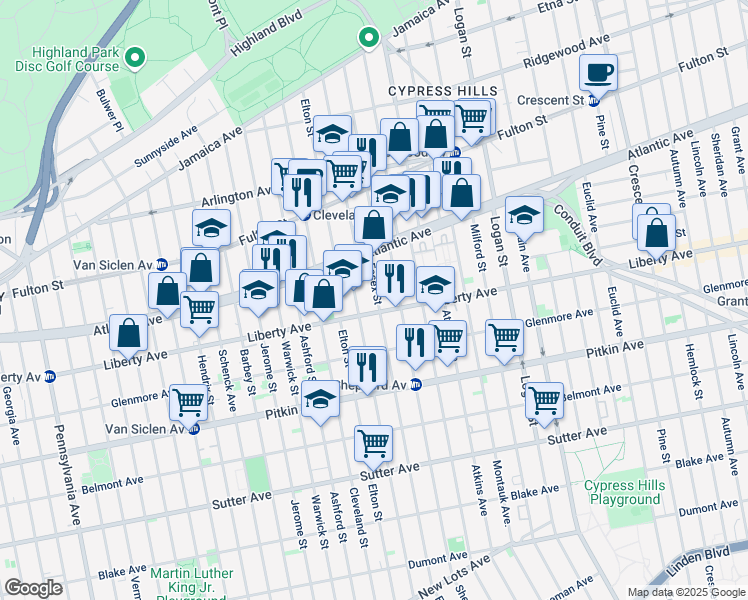 map of restaurants, bars, coffee shops, grocery stores, and more near 292 Essex Street in Brooklyn