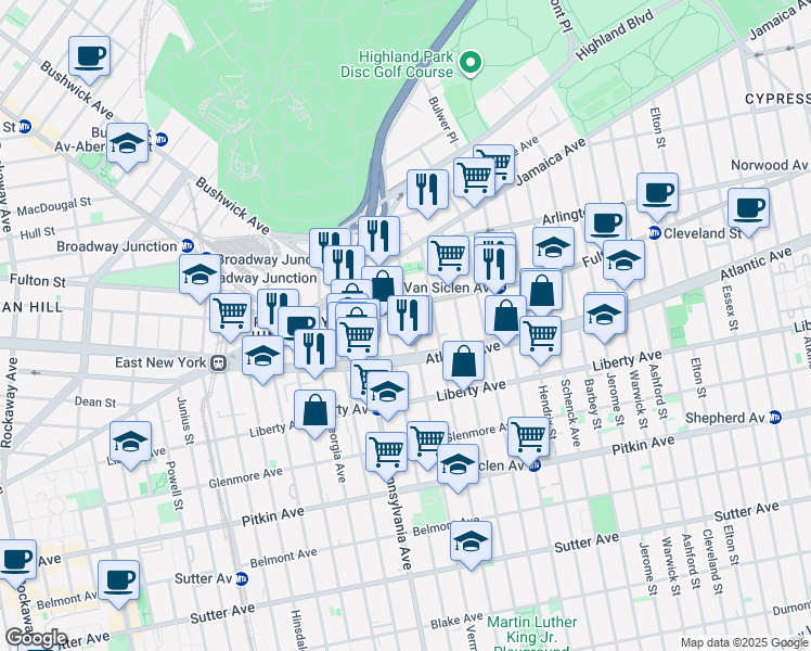 map of restaurants, bars, coffee shops, grocery stores, and more near 117 New Jersey Avenue in Brooklyn