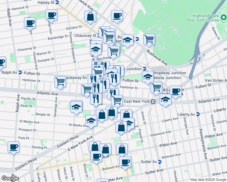map of restaurants, bars, coffee shops, grocery stores, and more near in Brooklyn