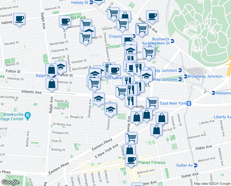 map of restaurants, bars, coffee shops, grocery stores, and more near 19 Marconi Place in Brooklyn