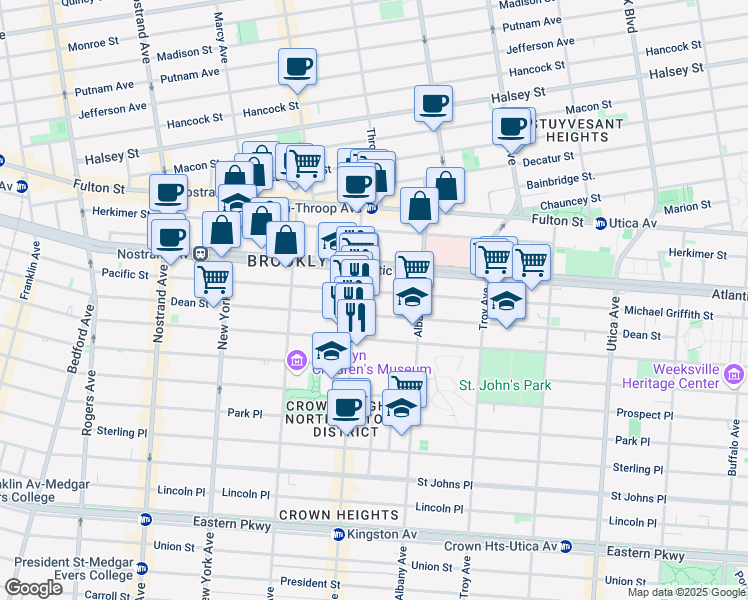 map of restaurants, bars, coffee shops, grocery stores, and more near 1474 Pacific Street in Brooklyn