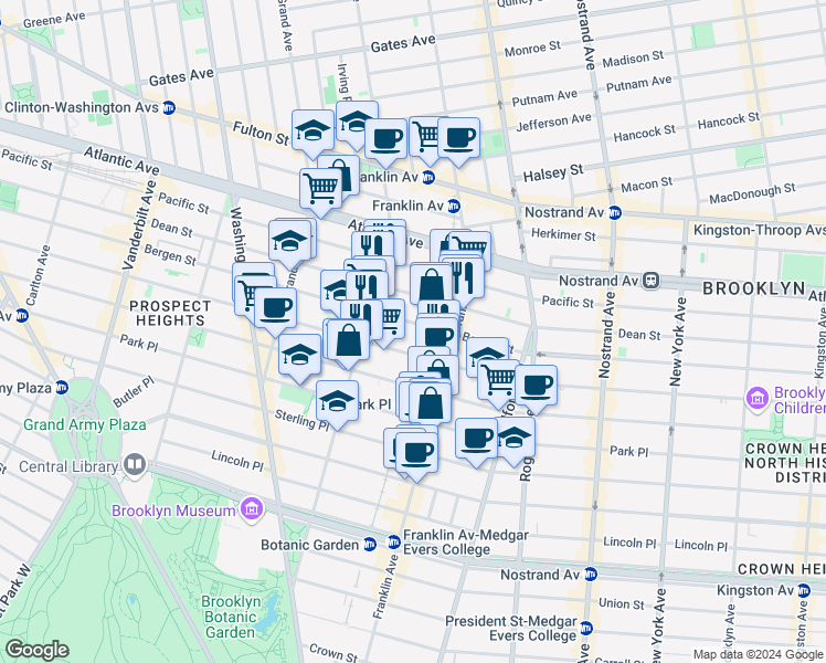 map of restaurants, bars, coffee shops, grocery stores, and more near 904 Bergen Street in Brooklyn