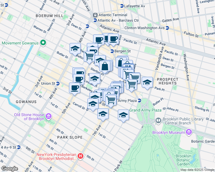 map of restaurants, bars, coffee shops, grocery stores, and more near 119 Saint Johns Place in Brooklyn