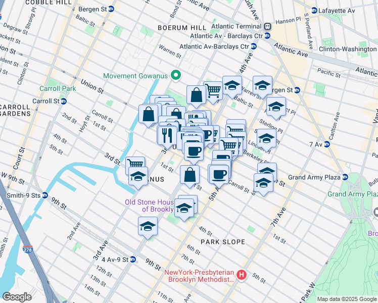 map of restaurants, bars, coffee shops, grocery stores, and more near 564 President Street in Brooklyn