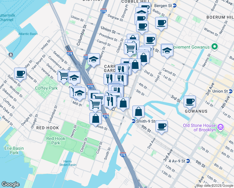 map of restaurants, bars, coffee shops, grocery stores, and more near 498 Court Street in Brooklyn