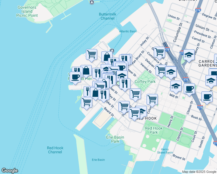 map of restaurants, bars, coffee shops, grocery stores, and more near 129 Dikeman Street in Brooklyn