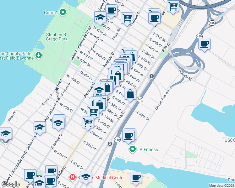 map of restaurants, bars, coffee shops, grocery stores, and more near 23 East 41st Street in Bayonne