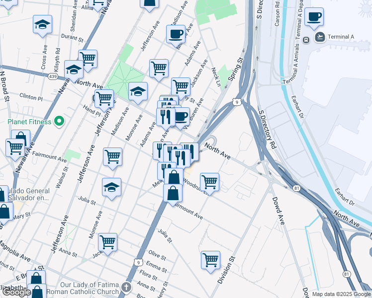 map of restaurants, bars, coffee shops, grocery stores, and more near 735 Van Buren Avenue in Elizabeth