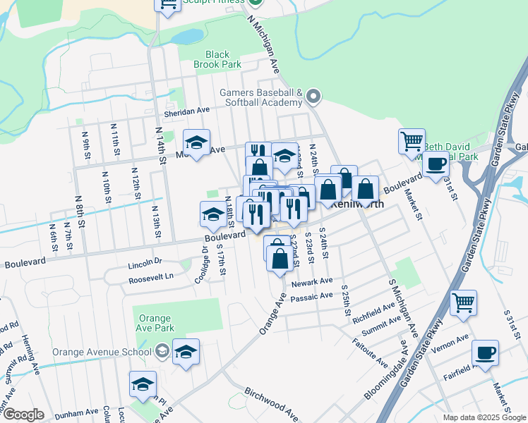 map of restaurants, bars, coffee shops, grocery stores, and more near 522a Boulevard in Kenilworth