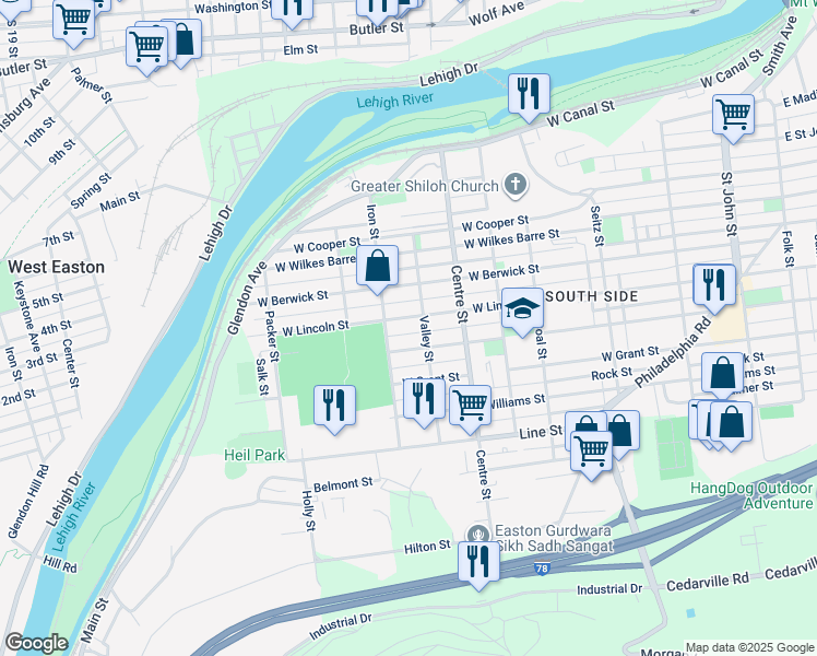 map of restaurants, bars, coffee shops, grocery stores, and more near 600 Iron Street in Easton