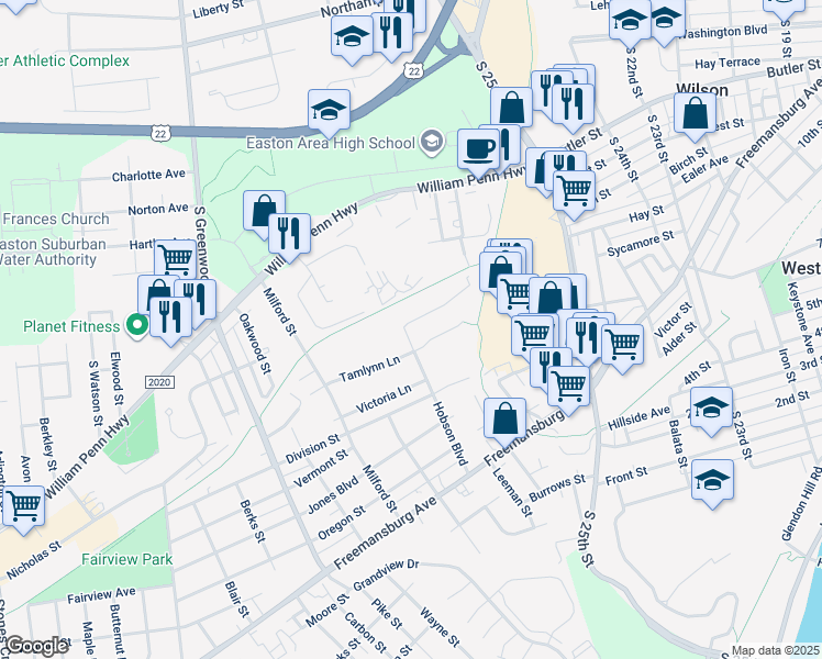 map of restaurants, bars, coffee shops, grocery stores, and more near 2666 Anthony Court in Easton