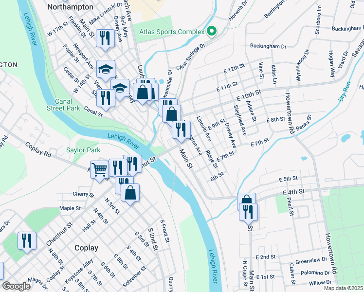 map of restaurants, bars, coffee shops, grocery stores, and more near 901 Main Street in Northampton