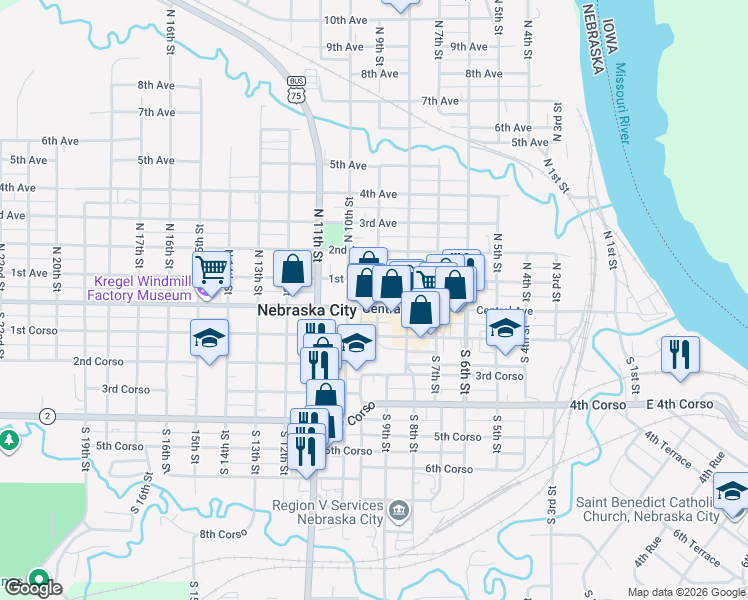 map of restaurants, bars, coffee shops, grocery stores, and more near 114 North 9th Street in Nebraska City
