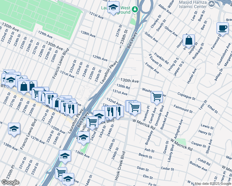 map of restaurants, bars, coffee shops, grocery stores, and more near 242-10 131st Avenue in Queens