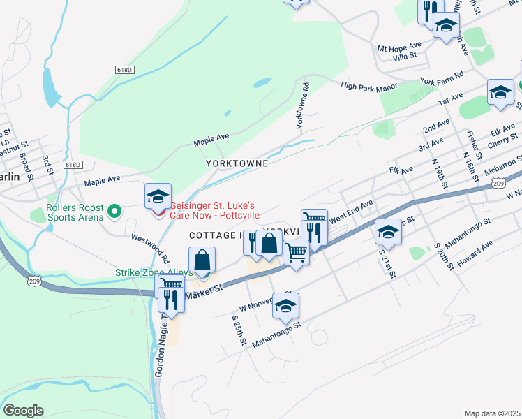 map of restaurants, bars, coffee shops, grocery stores, and more near 16 Cottage Hill West in Pottsville