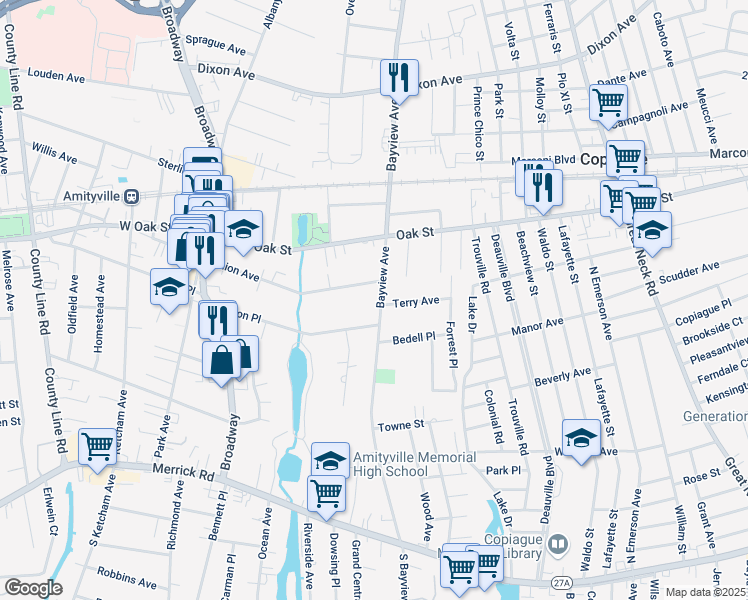 map of restaurants, bars, coffee shops, grocery stores, and more near 230 Bayview Avenue in Amityville
