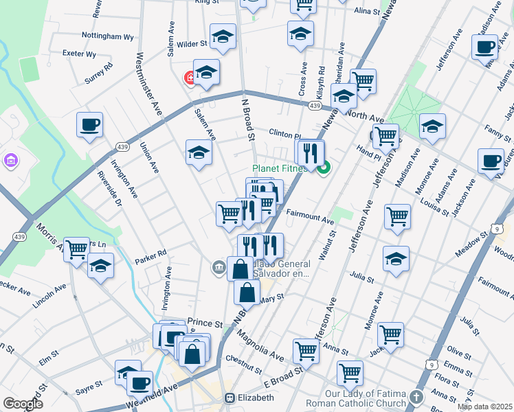 map of restaurants, bars, coffee shops, grocery stores, and more near 600 North Broad Street in Elizabeth