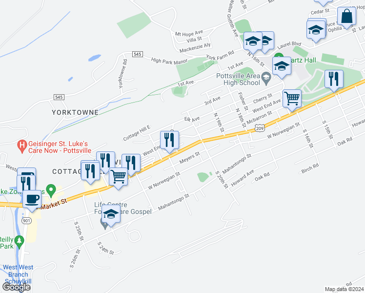 map of restaurants, bars, coffee shops, grocery stores, and more near 2046 West Market Street in Pottsville