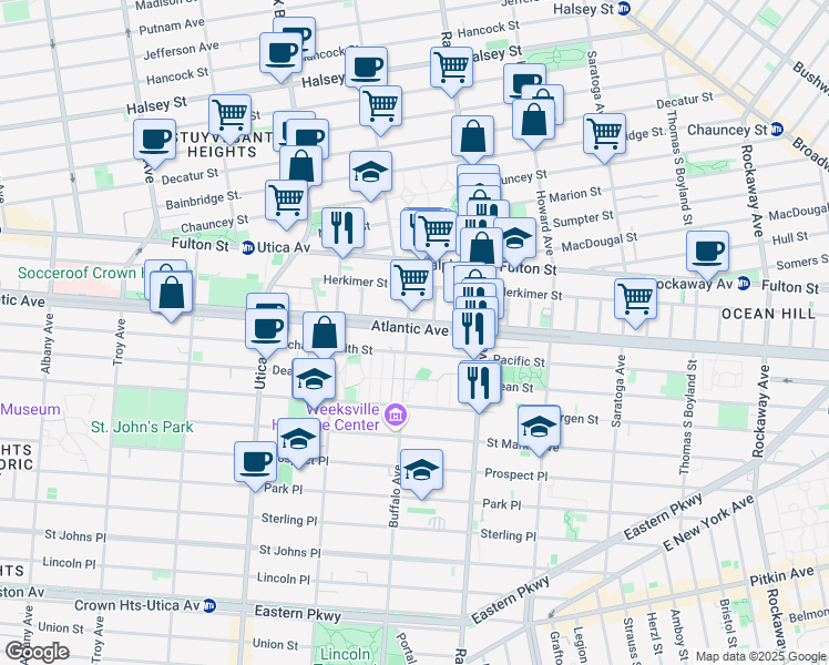 map of restaurants, bars, coffee shops, grocery stores, and more near 55 Buffalo Avenue in Brooklyn