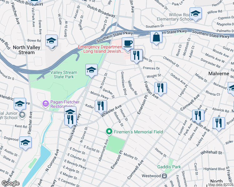 map of restaurants, bars, coffee shops, grocery stores, and more near 9 Cedarlawn Boulevard in Valley Stream