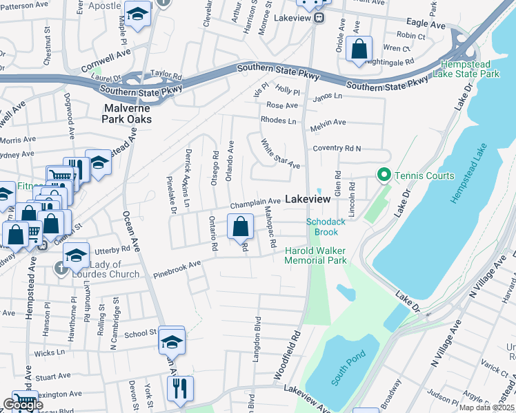 map of restaurants, bars, coffee shops, grocery stores, and more near 475 Champlain Ave in West Hempstead