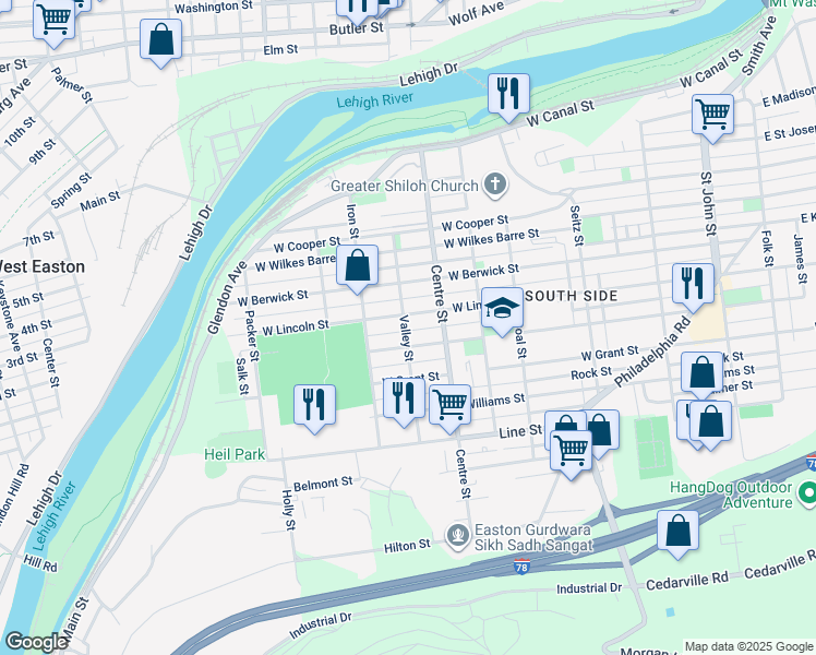 map of restaurants, bars, coffee shops, grocery stores, and more near 616 Valley Street in Easton