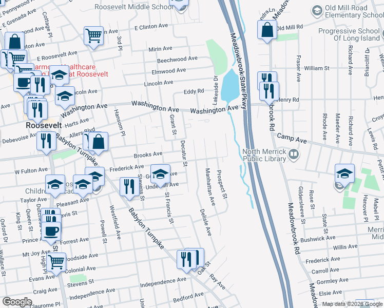map of restaurants, bars, coffee shops, grocery stores, and more near 69 Bainbridge St in Roosevelt
