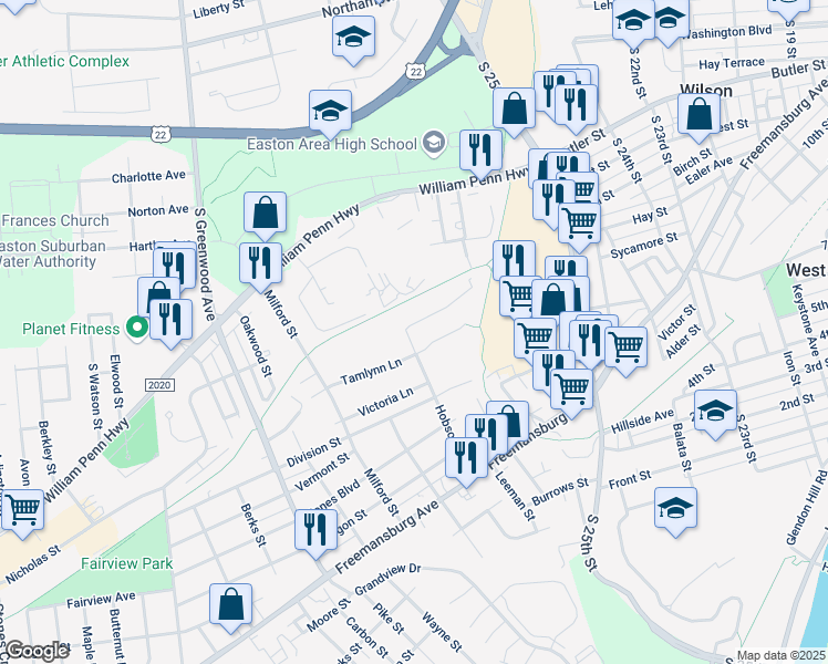 map of restaurants, bars, coffee shops, grocery stores, and more near 2666 Anthony Court in Easton