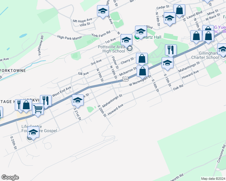 map of restaurants, bars, coffee shops, grocery stores, and more near 1901 West Norwegian Street in Pottsville